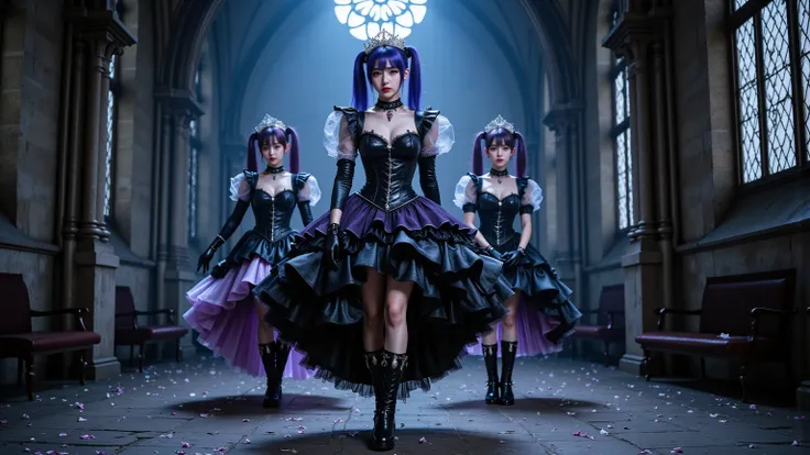 ultra-realistic, photorealistic, dramatic scene, shadow, global-illumination, there are row of three girls\(famous Japanese idol girl, dark victorian doll outfit with latex bondage style, tight fitting glossy latex, gothic fantasy style, lace frilled black and violet corset-style top with metallic accents, sheer puffed sleeves, gorgeously layered large inflated ball gown skirt with dark purple and silver asymmetrical hem, glittery tulle overlay, knee-high boots with black leather with silver trim and star-shaped buckles, silver tiara with planetary motifs, choker with glowing gem, fingerless gloves, arm cuffs with cosmic patterns, long twin tails with deep blue with gradient to lavender with star clips and slightly curled ends, very beautiful and cute face, medium breasts, painful expressions, holding a microphone with both hands\), these three girls are walking in a ruined gothic cathedral at night, scared, (shoot from below), dramatic lighting with moonlight through broken stained glass, scattered petals and glowing sparkling dust in the air, cinematic composition,