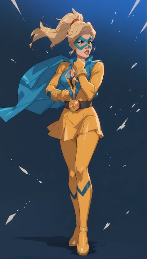 female superhero with blonde ponytail wearing a tight yellow and blue jumpsuit with skirt, belt, eye mask clenching her fist, full body image