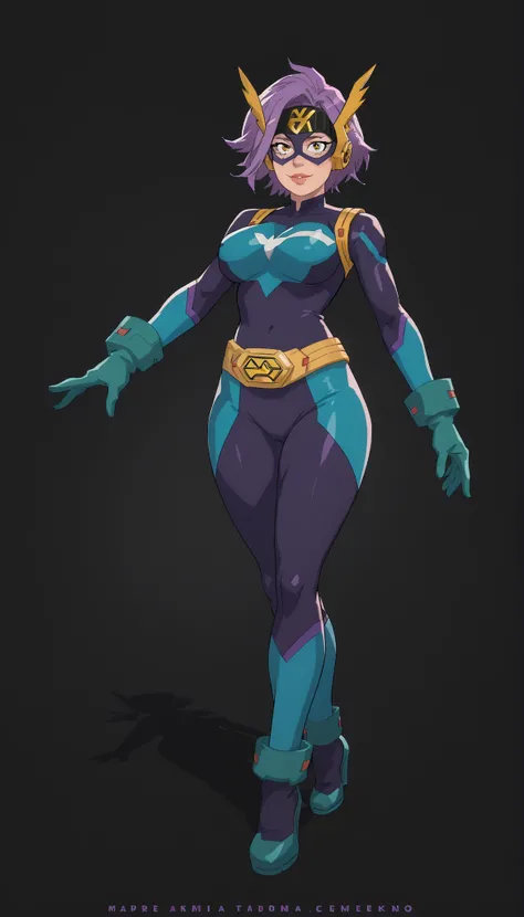 My Hero Academia Style, Anime girl, Women, trend in artstation pixiv, (full body photo:0.5), wide hips, wide thighs, big breast, head cover, hull, face covering, Mascara, purple hair, short hair, yellow eyes,  hero costume , traje de cuerpo entero, perfect...