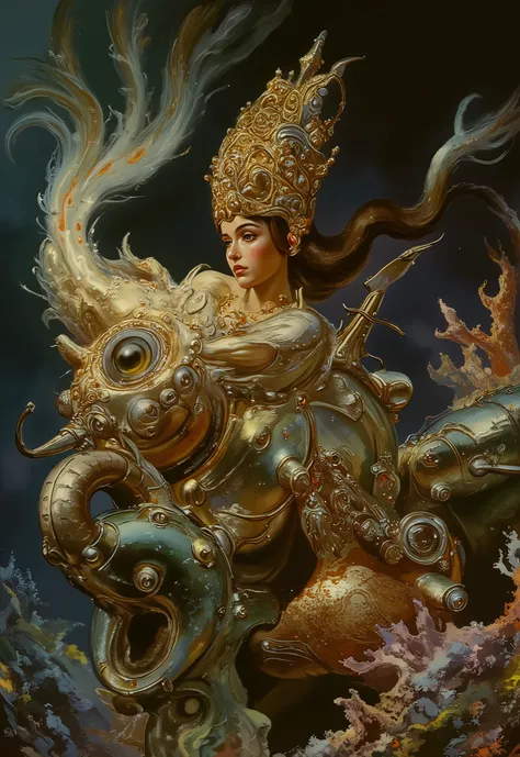 8k high quality digital painting , masterpiece, very detailed, ultra realistic, (best quality) very detailed epic masterpiece, boris vallejo style, a beautiful underwater queen rides a huge stunning goldfish, golden bridle, the fish has a veil-like big tai...