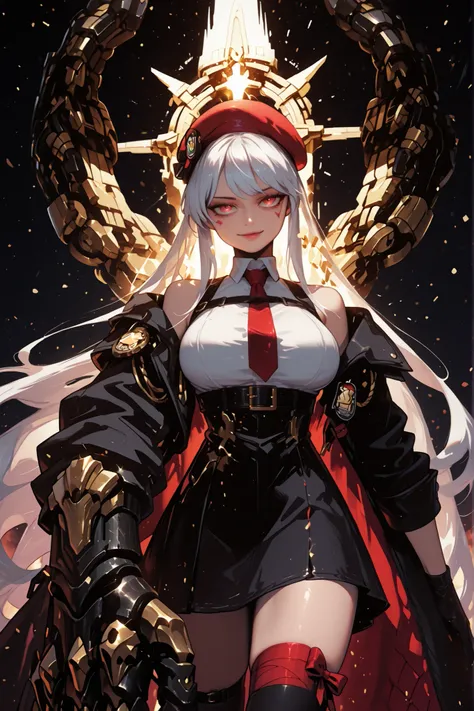 A young female character in her body s, with the same height and body type as Enterprise from Azur Lane. She has long white hair with a red ribbon on one side of her head, like Enterprise from Azur Lane, and the exact facial features of Enterprise from the...