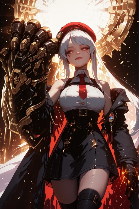 A young female character in her body s, with the same height and body type as Enterprise from Azur Lane. She has long white hair with a red ribbon on one side of her head, like Enterprise from Azur Lane, and the exact facial features of Enterprise from the...