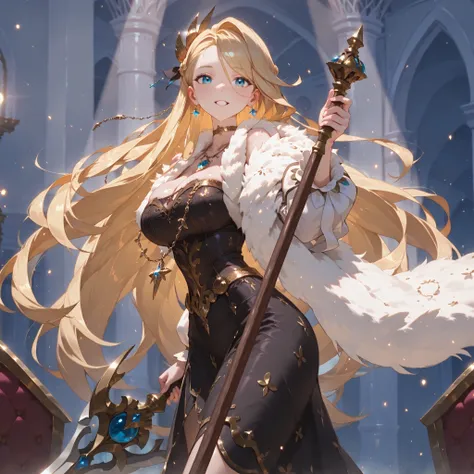 (SuperQuality:1.0) ~ (SuperQuality:1.2), detailxl, 1girl, High Resolution, Best Quality, High Details, Super Detailed, detailed background, blonde, dress, fur scarf, sword, staff, necklace, hair ornament, spotlight, 