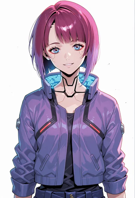 DOPE CYBERPUNK ANIME JAPAN ANDROID GIRL ON THE WHITE BACKGROUND, FULL OF DETAILS, CHARISMATIC, INTELIGENT RED PINK PURPLE, REBEL
