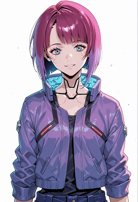 DOPE CYBERPUNK ANIME JAPAN ANDROID GIRL ON THE WHITE BACKGROUND, FULL OF DETAILS, CHARISMATIC, INTELIGENT RED PINK PURPLE, REBEL