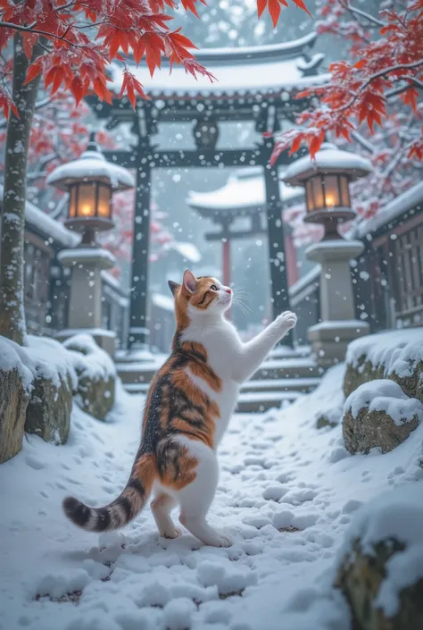 masterpiece, best quality, ultra detailed, Japanese bobtail cat with white and brown fur, playfully pawing at falling snowflakes, facing away from the viewer, standing or jumping in a serene snow-covered traditional Japanese garden, red maple trees dusted ...