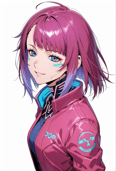 DOPE CYBERPUNK ANIME JAPAN ANDROID GIRL FEMALE V ON THE WHITE BACKGROUND, FULL OF DETAILS, CHARISMATIC, INTELIGENT RED PINK PURPLE, REBEL