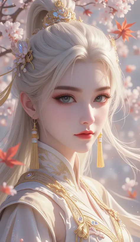 Chinese Fairy Tales character, extremely details, high detailed face, mature woman, cool beauty, living expressions, emerald eyes, expressionless, (blonde hair), highlight, high ponytail, shiny silky, long hair, tassel earrings, gold Hair tube, iridescent...
