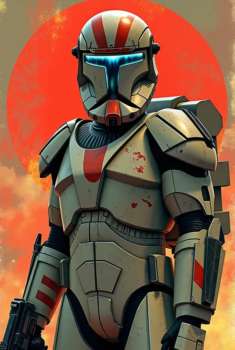 Star Wars Character, Homem, Clone Commando, Pistola Blaster no Coldre, 70's comics art style, pose imponente, armadura camuflada, helmet on.