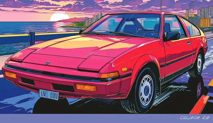80Era、TOYOTA、CELICA XX(A60)、red body、evening、Sunset over the sea 、Running along the coastline