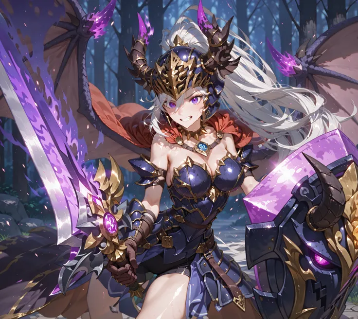 (SuperQuality:1.0) ~ (SuperQuality:1.2), detailxl, 1girl, High Resolution, Best Quality, High Details, Super Detailed, detailed background, white hair, purple eyes, armor, helmet, gloves, sword, dragon shield design, aura,