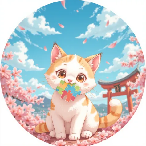 A cute traditional Japanese cat with white and light brown fur, sitting under a bright blue sky with fluffy clouds, gently tilting its head and looking at the viewer with big curious eyes. The cat is holding a colorful jigsaw puzzle piece in its mouth. The...