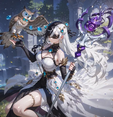 (SuperQuality:1.0) ~ (SuperQuality:1.2), detailxl, 1girl, High Resolution, Best Quality, High Details, Super Detailed, detailed background, white hair, black split dye hair, covered eyes, dress, staff, owl, hair ornament, jewellery,