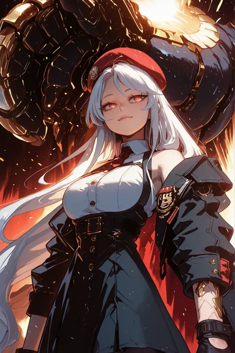 A young female character in her body s, with the same height and body type as Enterprise from Azur Lane. She has long white hair with a red ribbon on one side of her head, like Enterprise from Azur Lane, and the exact facial features of Sylpha Langlis, red...