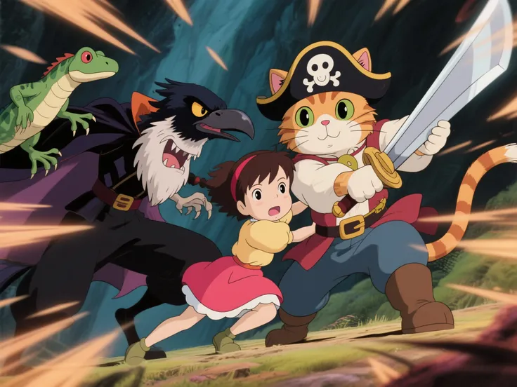 The Cat Returns. Action animation. A work of art. 8K quality. A pirate cat rescues a girl from a villain. The villains are a combination of a crow and a lizard. The pirate cat bravely draws his sword and fights. The girl hides behind the cat. Animated movie. Motion blur is used to effectively show the intensity of the action.