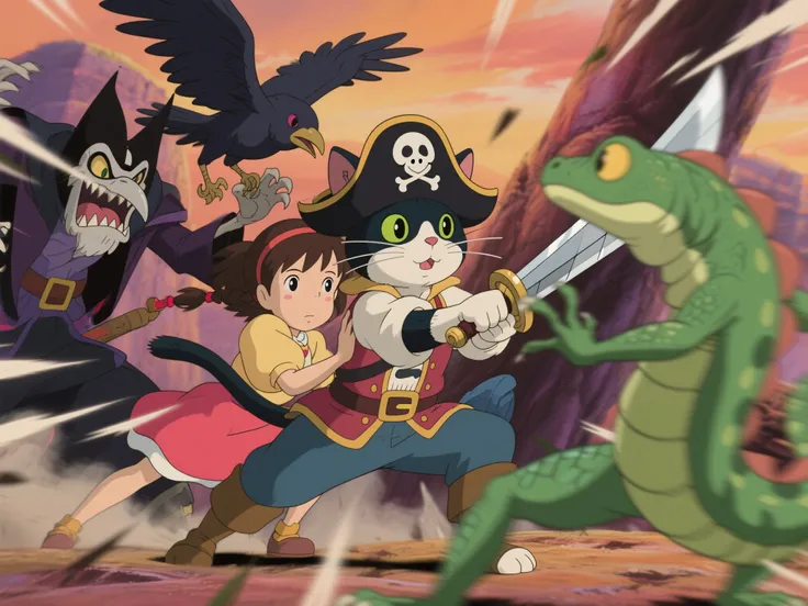 The Cat Returns. Action animation. A work of art. 8K quality. A pirate cat rescues a girl from a villain. The villains are a combination of a crow and a lizard. The pirate cat bravely draws his sword and fights. The girl hides behind the cat. Animated movie. Motion blur is used to effectively show the intensity of the action.