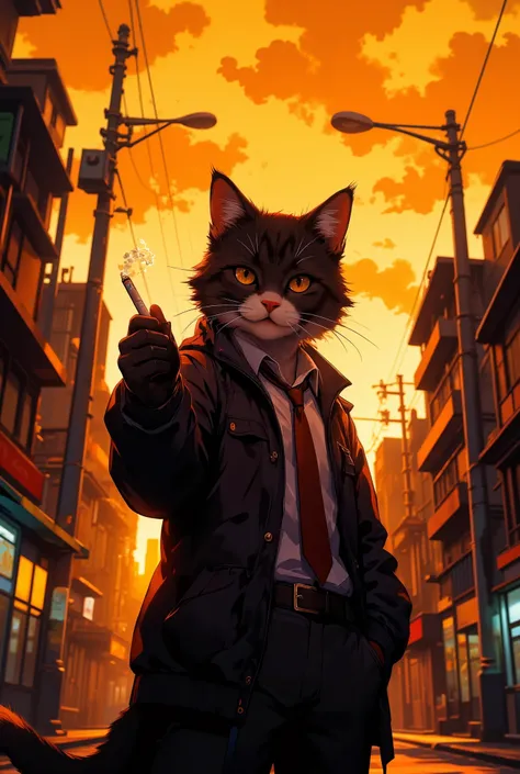 cinematic illustration, POV shot of a stylish anthropomorphic cat standing in front of the viewer at sunset, the cat wears a casual jacket and loose tie, holding out an unlit cigarette toward the viewer with a knowing smirk, golden hour lighting casts long...