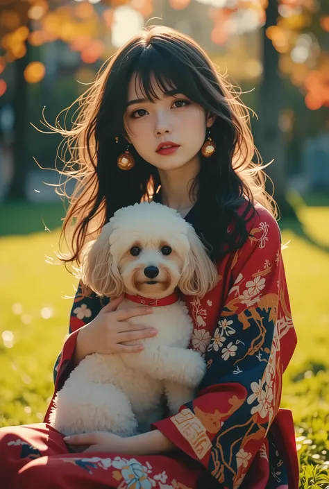 (Best Quality、High Precision、masterpiece:1.4)、Illustrations containing fantasy elements、Photorealistic、 Oil pastel :0.7、bright color、bright vibe。Woman sitting on garden lawn、glossy skin、Shining detailed dark eyes、Moist lips、shiny black hair、long hair、Curly...