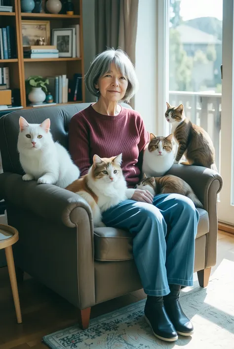 An elderly woman sits comfortably on a dark brown sofa, her attire consisting of a rich maroon sweater paired with blue pants. Her presence exudes warmth and serenity, surrounded by five cats of various breeds and colors. Two cats, with striking white fur,...