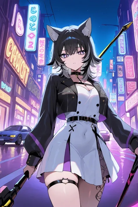 ((From front)), thigh up, Neko Female, ((wolf cut black hair, Black cat ears))) , long Wolf Cut black hair, (yellow and purple Ombre eyes), Black and white dress like Yor, wearing Chocker, wielding Scythe, Street background, Neon Lights, Cars and motorbike...