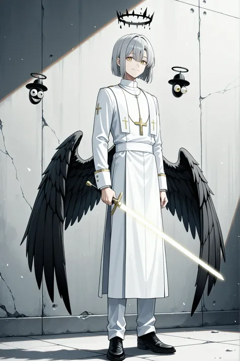 Full body standing picture, tall, gray hair, short bob, young man with yellow eyes, hanging eyes, white priest's suit, light sword man, black wings, black halo, one person smiles