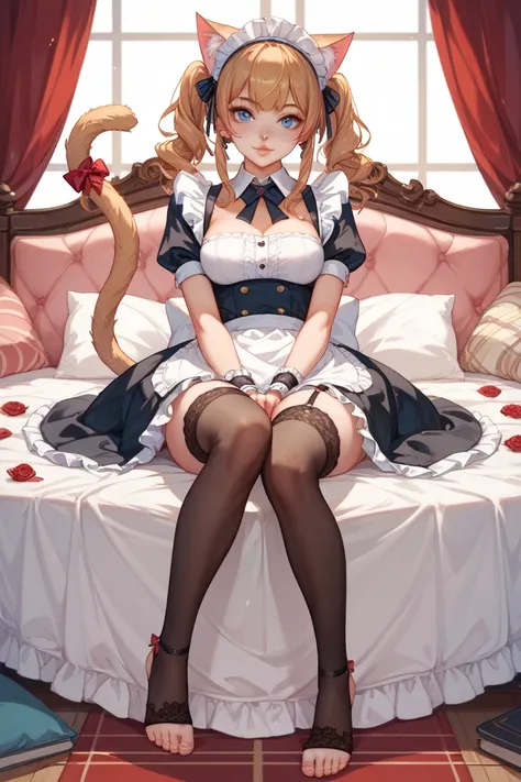 1 girl playing with a cat、Maid、Cat ears、tails、ruffle socks that are originally open、puffy lips、toeless legwear、cross lace legwear、masterpiece、Highest Quality