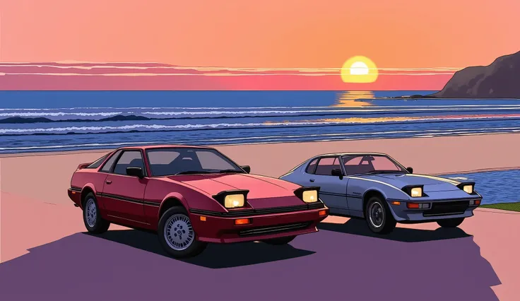 evening、sunset、Coastline、1980s、maroon supra、3000GT、Gloss、sense of speed