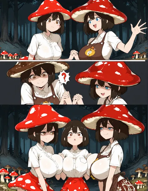 Two girls,dos chicas Holding Hands, Very close together, an 18-year-old girl,white shirt,   large skirt  , red skirt,white dotted skirt, mushroom skirt,blue eyes, pockets in the apron,   tight clothing, pechos grandes,short hair, mushroom hair,black hair, ...