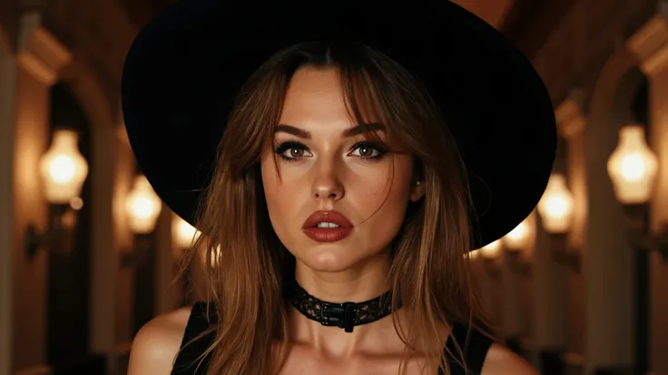 A waist-up portrait of Taylor Swift as a witch posing inside a gothic mansion. Taylor is dressed in a dark-colored gothic witch outfit that incorporates some bits of leather and lace. Taylor has lovely makeup on her face. Taylor wears red lipstick. Nightti...