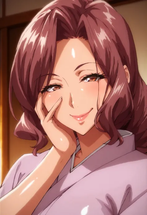 masterpiece, best quality, anime coloring, shiny skin,  mature female, seductive smile, kimono, hand on own face, smirk,