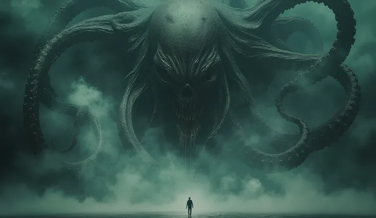 Eldritch entity, distorted face, tentacles coming out of the eyes and mouth, biomorphic body, darkness and fog background, high detail, masterpiece.