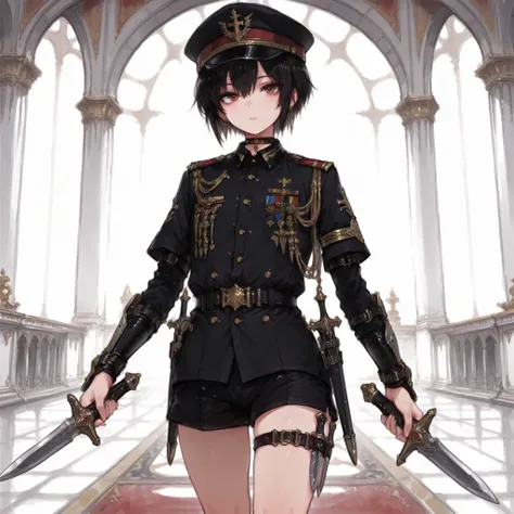 ((Best Quality)), ((masterpieces)), (detailed), Perfect Face, SOLO, ((femboy)), tomgirl, ANIME, beautiful detailed eyes, BOB hair, BOBed hair, black hair, RED EYES, BARE thighs, (((BARE LEG))), ((BLACK short pants)), (((dress shirt))), ((Flat chest)), Chok...