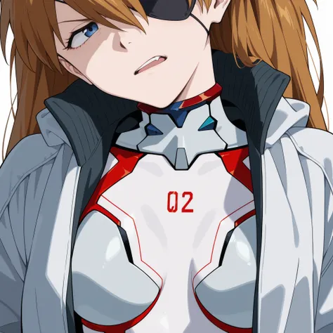 asuka langley, eyepatch, close up,removing jacket, white eva suit, head tilt, open mouth like talking, annoyed face, a bit angry, best quality, masterpiece, expressive lines