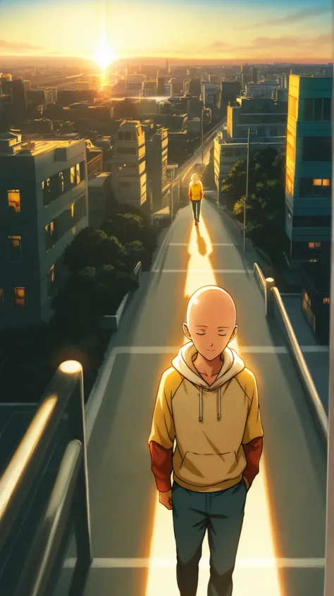 Ghibli style, anime scene of Saitama from One Punch Man standing alone at sunrise on an empty Tokyo street, casual hoodie, quiet smile, peaceful face, golden morning light reflecting off windows, subtle ethereal shadows of past battles behind him, cinemati...