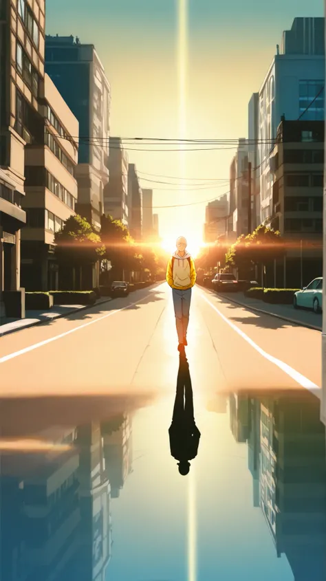 Ghibli style, anime scene of Saitama from One Punch Man standing alone at sunrise on an empty Tokyo street, casual hoodie, quiet smile, peaceful face, golden morning light reflecting off windows, subtle ethereal shadows of past battles behind him, cinemati...