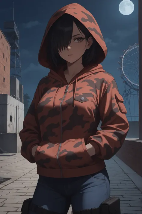 1girl, (((hood up))), ((hair over one eye)), hood pulled up, tools belt, (((dark skin))), abandon amusement park, Ferris wheel at background, night, dark abandoned place, abandoned amusement park, ((brick walls)), ((looking to left)), poor light, dark nigh...
