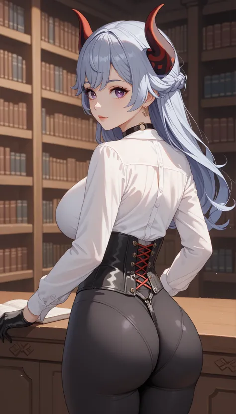 source_anime, 1 adorable girl, ((Adorable girl's face)), short stature, Alone, standing,  (view from behind)), ((approach from behind)), ( big ass :1.1), old library, candelabras, ((at night)), (hired, genshin impact), looking at the spectator, huge breast...
