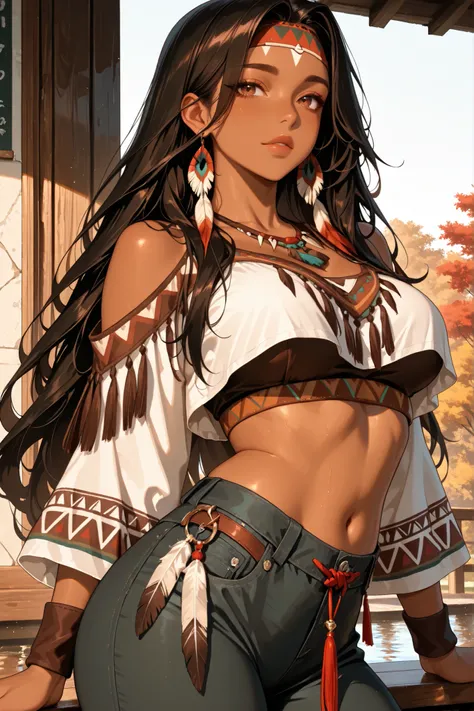 Native American Princess, stylish crop top, pants with tassel, mocha skin, brown eyes, showcasing the epitome of stunning beauty,class and pride, best quality, ultra-high resolution, masterpiece, long dark hair ,masterpiece, best quality,absurdres