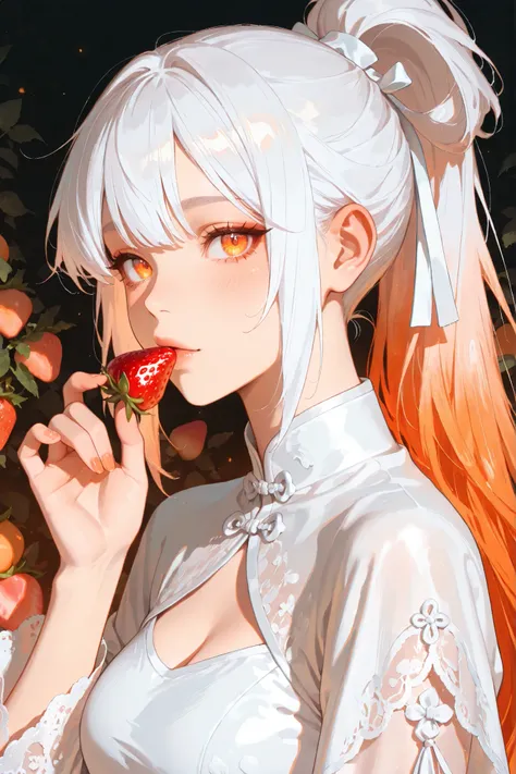 masterpiece, best quality, amazing quality, 8k, high resolution, A vibrant anime-style portrait of a woman with long white hair, a white bow in her ponytail, and a white Qipao dress with lace detailing; she's holding a strawberry, soft, textured brushstro...