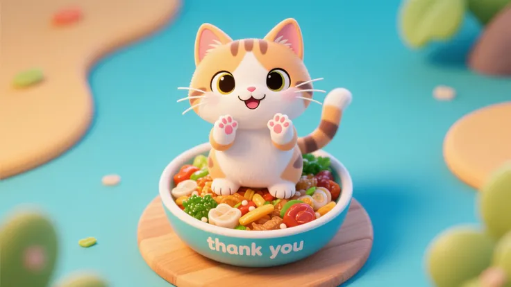 Chibi style, Is there a cat that (((Is sitting on top of the food))), And the cat says "thank you" with great pride,