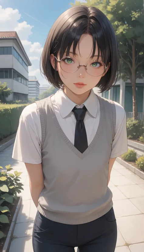 score_9, score_8_up, score_7_up, score_6_up, source_anime, rating:general, 1girl, solo, mature female, black hair, bob cut, parted bangs, big green eyes, eyeglasses, pale porcelain skin, extremely detailed soft facial features, round cute face, slender bui...