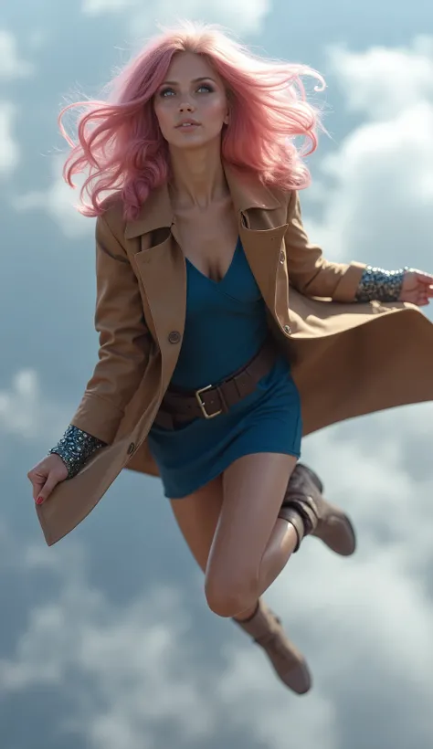 A stunning young woman, her face a delicate oval, framed by cascading long, curly pink hair. Slender eyebrows arch over crystal-clear eyes that hold a captivatingly dazed yet innocent gaze; fair skin. She wears a knee-length, tight-fitting, short-sleeved b...
