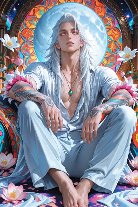 (Sakimichan:0.7),1boy,male, 1guy, official art, colorful, Colorful background, splash of color, movie perspective, advertising style, magazine cover gorgeous dapper man with sharp facial features, long white hair, white eyes, full body portrait, tattoo all...
