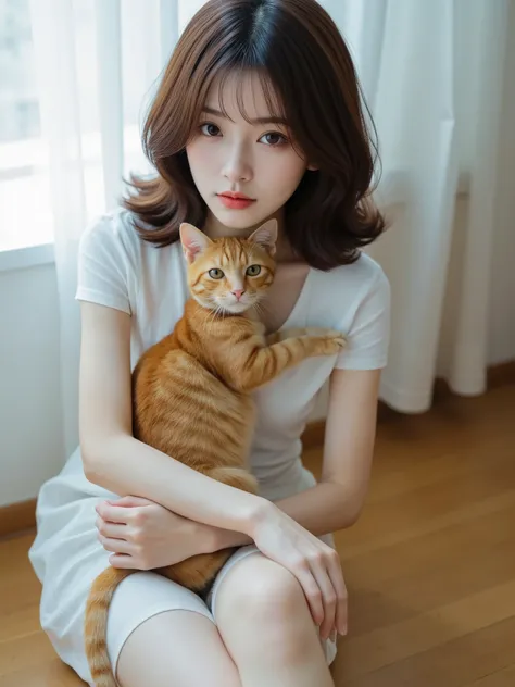 Adorable Japanese woman lying down、The cat that sits on its chest、Quiet Indoor Space Surrounded by Natural Light、Wooden floor and white wall、Warm Atmosphere、Soft Blurry Light、Fine texture、High Quality Digital Painting、Delicate Colors、gentle tone、Elegant an...