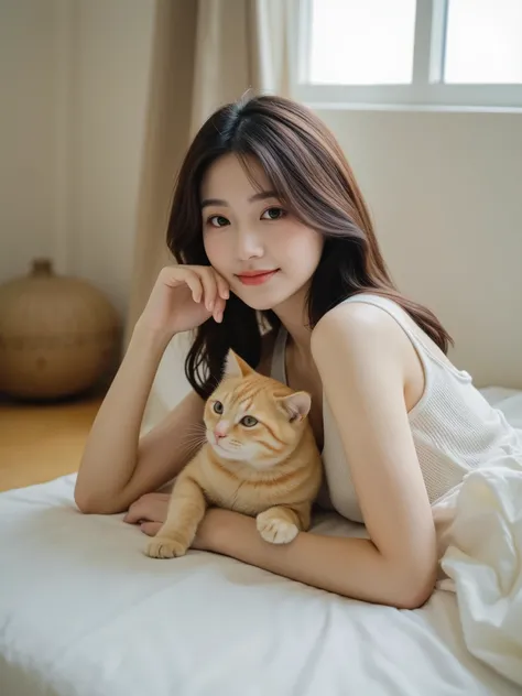 Adorable Japanese woman lying down、The cat that sits on its chest、Quiet Indoor Space Surrounded by Natural Light、Wooden floor and white wall、Warm Atmosphere、Soft Blurry Light、Fine texture、High Quality Digital Painting、Delicate Colors、gentle tone、Elegant an...