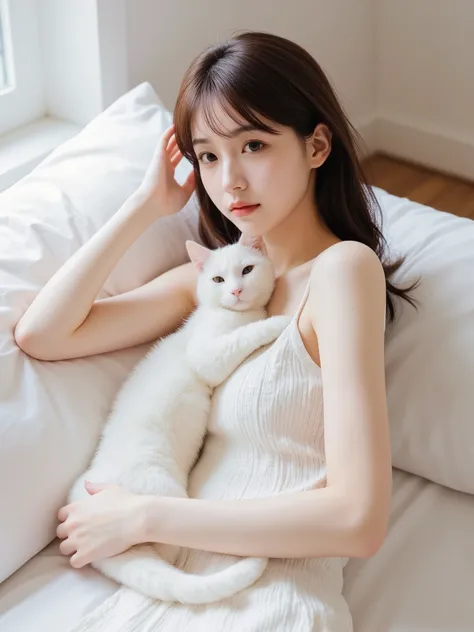 Adorable Japanese woman lying down、The cat that sits on its chest、Quiet Indoor Space Surrounded by Natural Light、Wooden floor and white wall、Warm Atmosphere、Soft Blurry Light、Fine texture、High Quality Digital Painting、Delicate Colors、gentle tone、Elegant an...