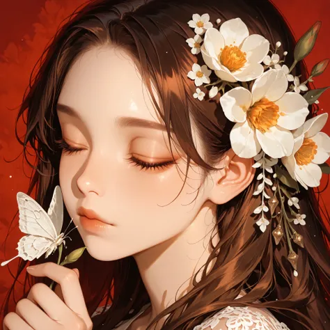 1girl, brown hair, closed eyes, closed mouth, eyelashes, flower, hair flower, hand up, holding flower, portrait, red background, white butterfly, white flower, solo, beautiful eyes, focus face, ultra-detailed, intricate details,masterpiece, best quality, a...