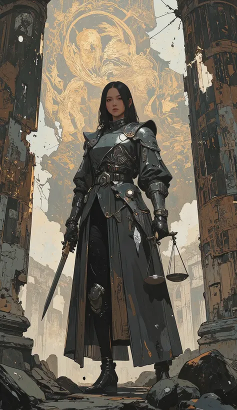 A young woman stands tall at the threshold of a ruined temple, framed by cracked marble pillars etched with forgotten laws. Her robe is sharp-cut and deep gray, flowing like a judge’s mantle, yet armored at the shoulders with silver plating. In one hand sh...
