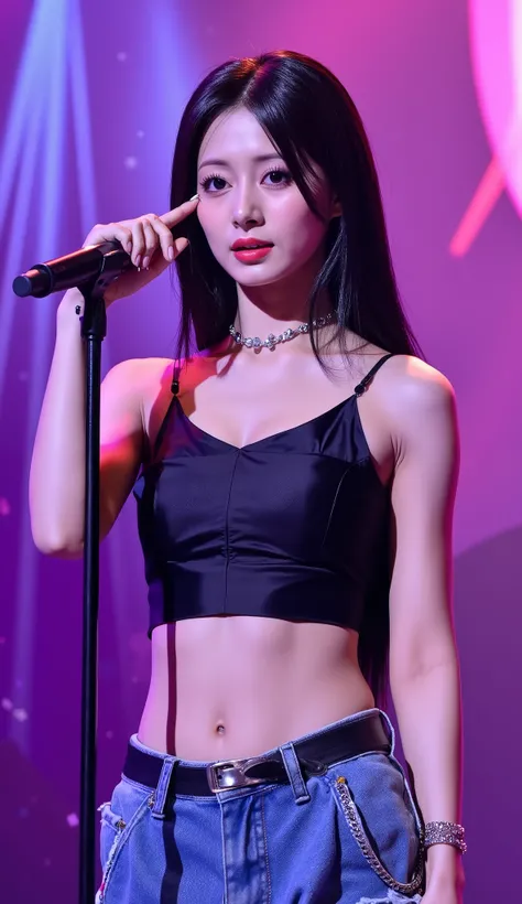 (masterpiece, ultra-detailed, photorealistic, stage lighting, neon purple and pink background, high contrast) ,(4k Quality), (ultra-hd), (realistic), (ultra detailed)

a mature milf woman with long, jet-black slightly tousled hair, subtle braid strands, gl...