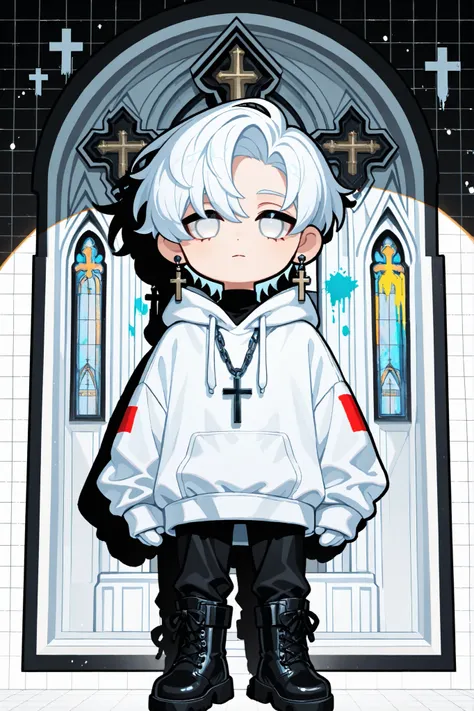 Male, single, handsome, fair skin, (white_hair:1.3), (bright_white_eyes:1.3), (priest:1.2), (cross_earring_right_ear:1.3), (cross_necklace:1.3), (multiple_rings), (oversized_hoodie:1.3), (vestment_pants:1.2), (boots:1.2), (chain_necklace:1.2), (gloves), (s...
